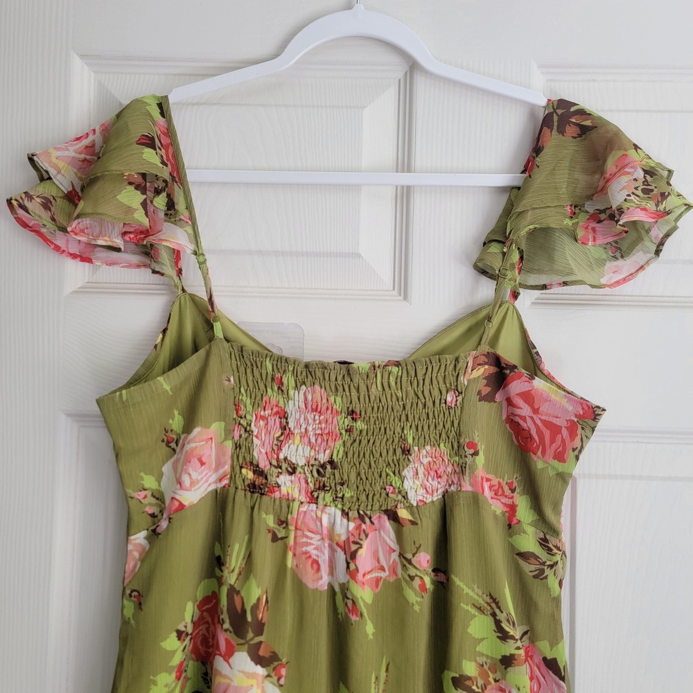 Betsey Johnson Green Floral Ruffle Smocked Midi Dress Medium Y2K Classic - Picture 9 of 11